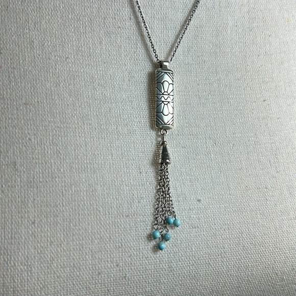 Brighton Jewelry - Brighton Marrakesh Mesa Necklace Tassel Turquoise Hue Silver Plated Etched Bar